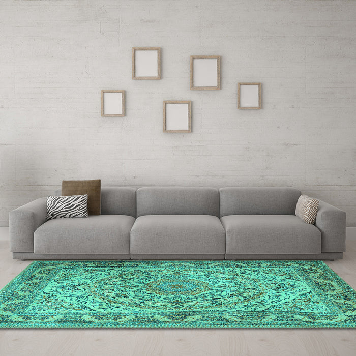 Machine Washable Medallion Turquoise Traditional Area Rugs in a Living Room,, wshtr1868turq
