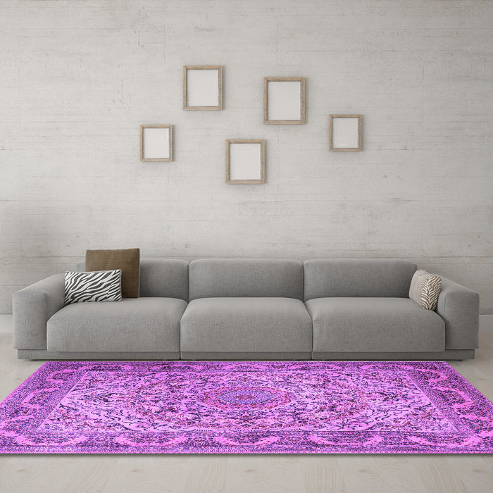 Machine Washable Medallion Purple Traditional Area Rugs in a Living Room, wshtr1868pur