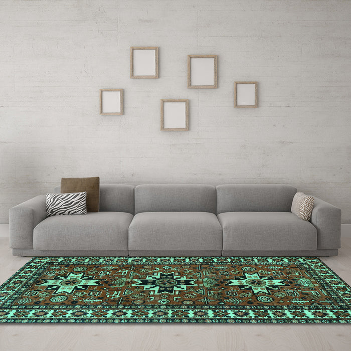 Machine Washable Persian Turquoise Traditional Area Rugs in a Living Room,, wshtr1869turq