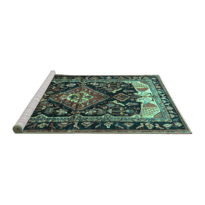 Sideview of Machine Washable Persian Turquoise Traditional Area Rugs, wshtr186turq
