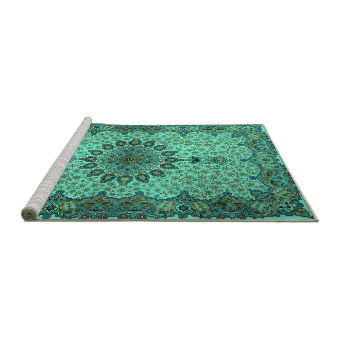 Sideview of Machine Washable Persian Turquoise Traditional Area Rugs, wshtr1870turq