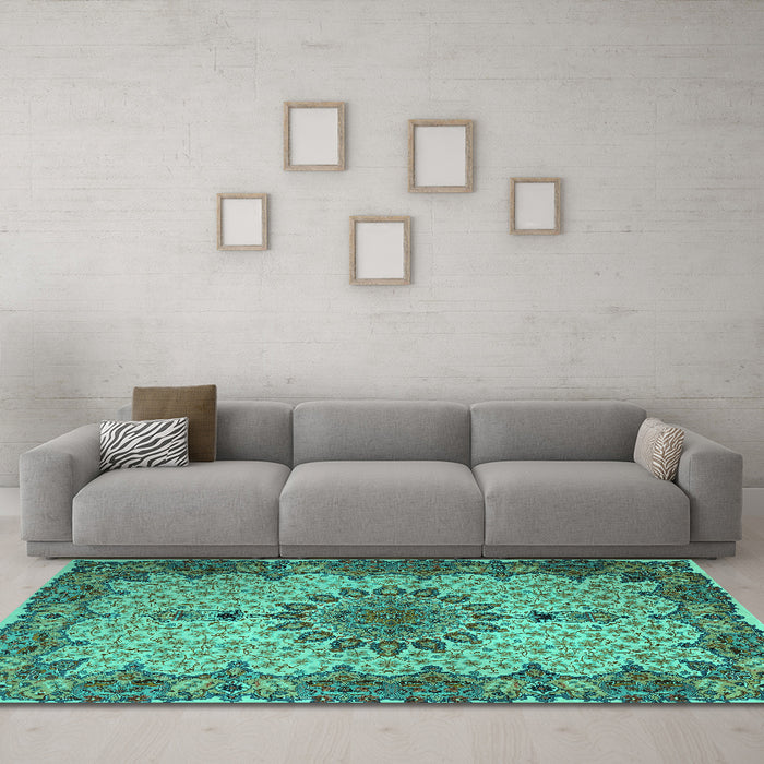 Machine Washable Persian Turquoise Traditional Area Rugs in a Living Room,, wshtr1870turq