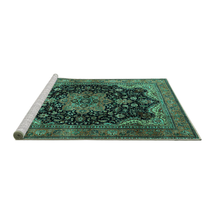 Sideview of Machine Washable Persian Turquoise Traditional Area Rugs, wshtr1871turq