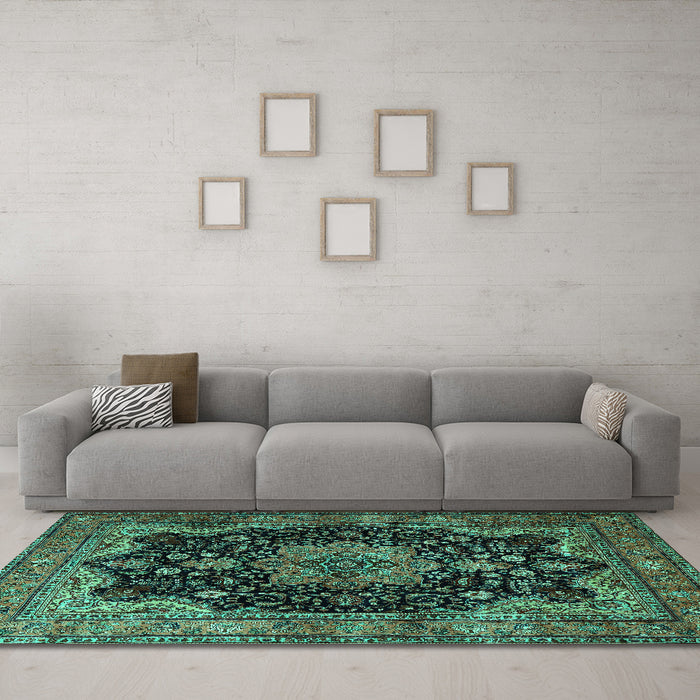 Machine Washable Persian Turquoise Traditional Area Rugs in a Living Room,, wshtr1871turq