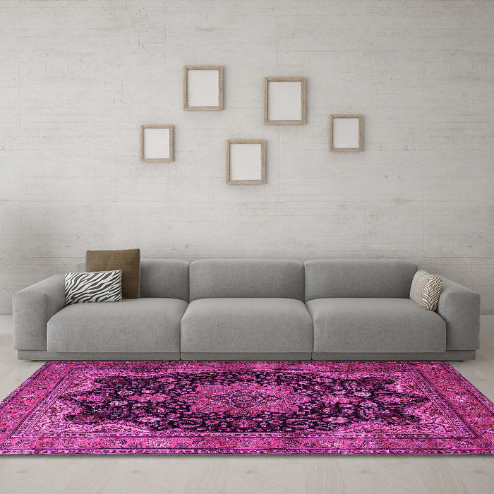 Machine Washable Persian Pink Traditional Rug in a Living Room, wshtr1871pnk