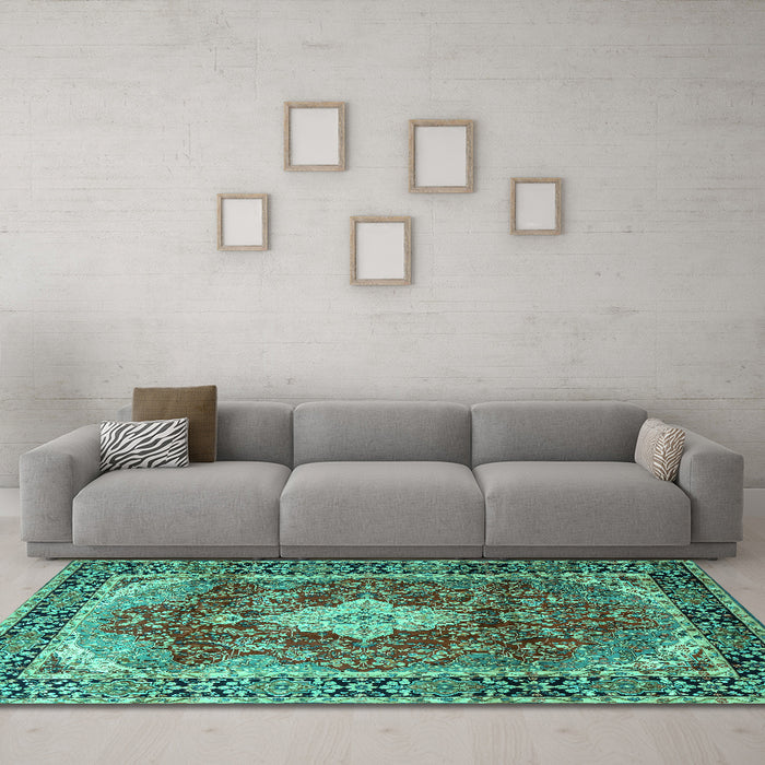 Machine Washable Persian Turquoise Traditional Area Rugs in a Living Room,, wshtr1872turq