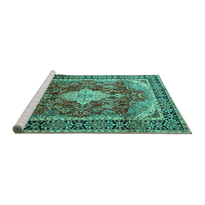 Sideview of Machine Washable Persian Turquoise Traditional Area Rugs, wshtr1872turq