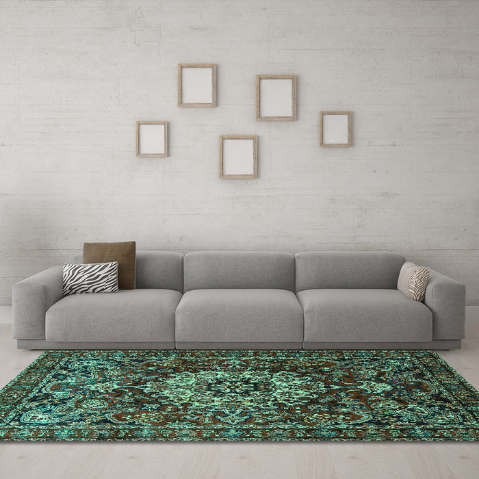 Machine Washable Persian Turquoise Traditional Area Rugs in a Living Room,, wshtr1874turq