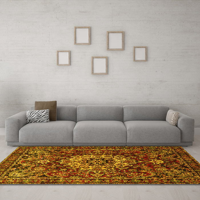 Machine Washable Persian Yellow Traditional Rug in a Living Room, wshtr1874yw