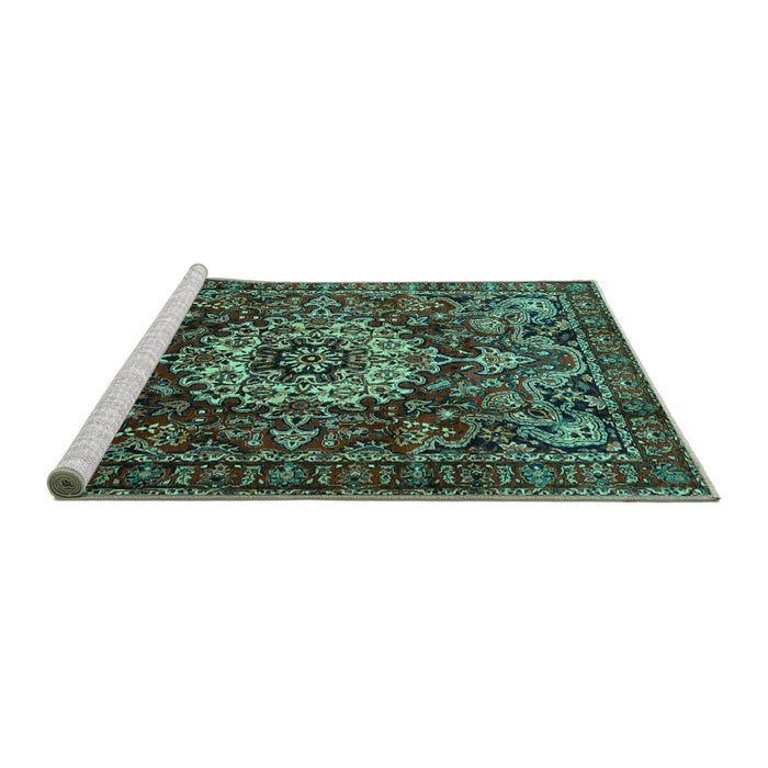 Sideview of Machine Washable Persian Turquoise Traditional Area Rugs, wshtr1874turq