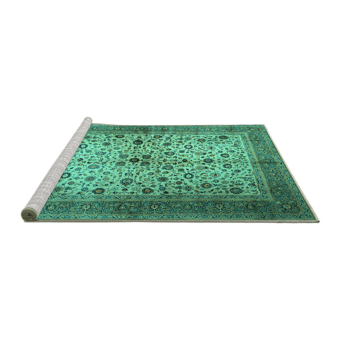 Sideview of Machine Washable Persian Turquoise Traditional Area Rugs, wshtr1875turq