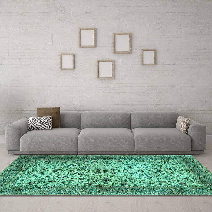 Machine Washable Persian Turquoise Traditional Area Rugs in a Living Room,, wshtr1875turq