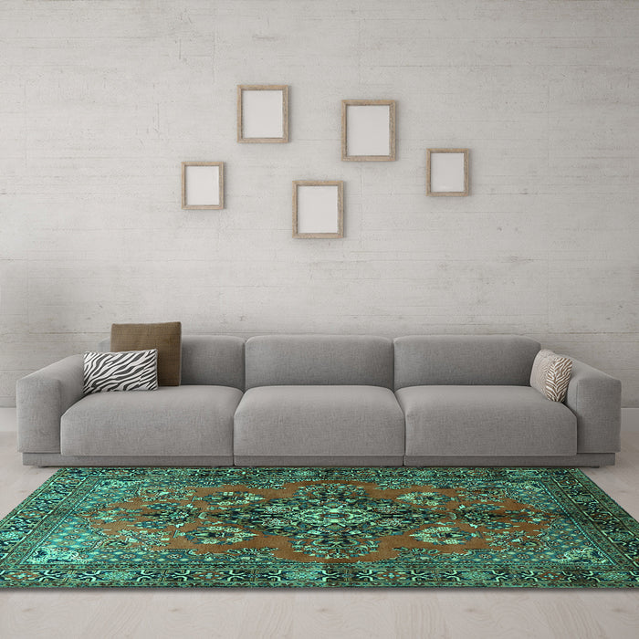 Machine Washable Persian Turquoise Traditional Area Rugs in a Living Room,, wshtr1876turq