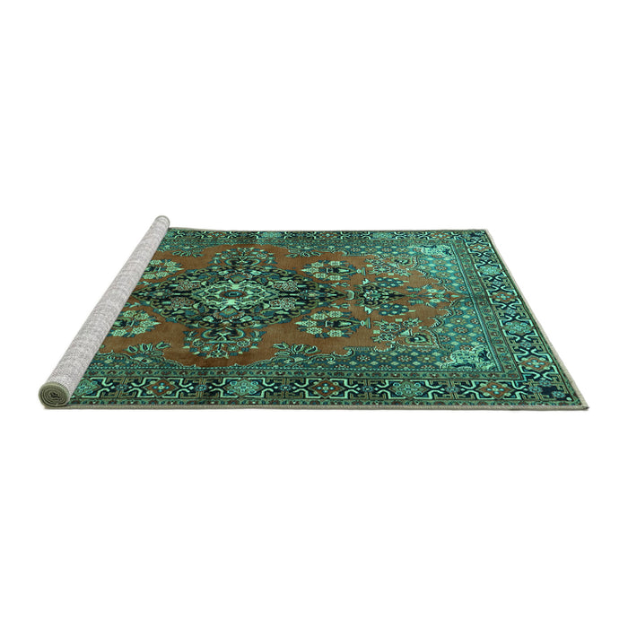 Sideview of Machine Washable Persian Turquoise Traditional Area Rugs, wshtr1876turq