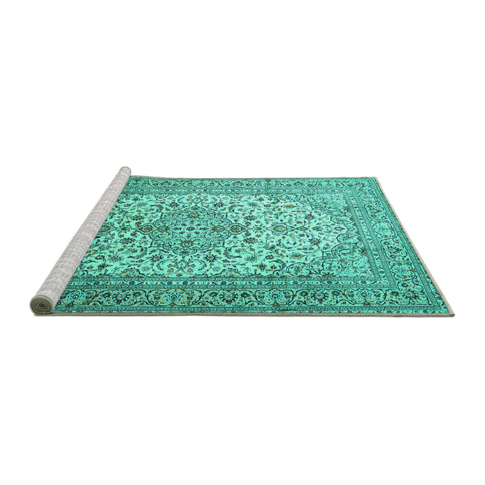 Sideview of Machine Washable Persian Turquoise Traditional Area Rugs, wshtr1877turq
