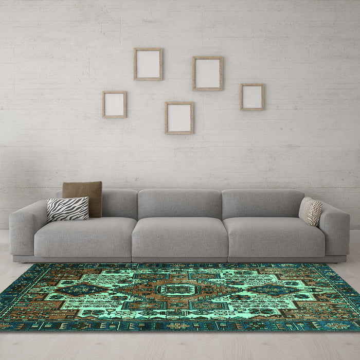 Machine Washable Persian Turquoise Traditional Area Rugs in a Living Room,, wshtr1878turq