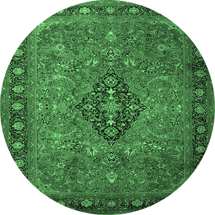 Round Machine Washable Medallion Emerald Green Traditional Area Rugs, wshtr1879emgrn