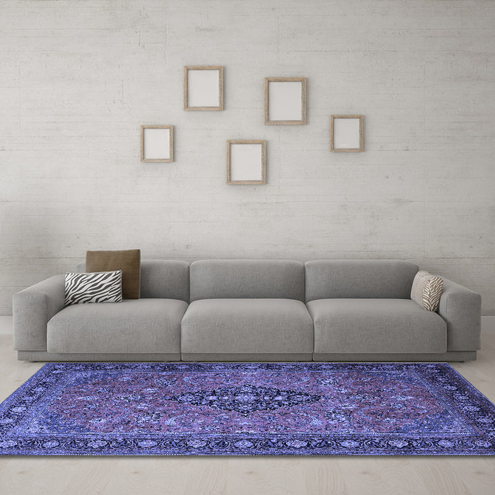 Machine Washable Medallion Blue Traditional Rug in a Living Room, wshtr1879blu