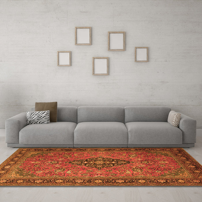 Machine Washable Medallion Orange Traditional Area Rugs in a Living Room, wshtr1879org