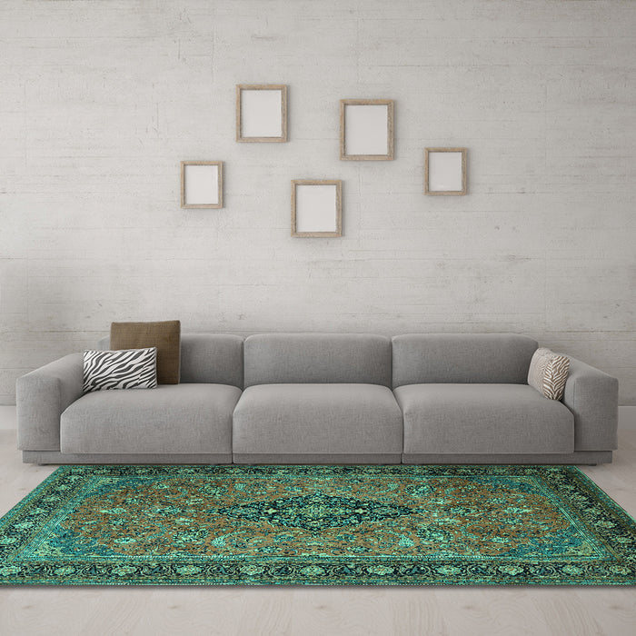Machine Washable Medallion Turquoise Traditional Area Rugs in a Living Room,, wshtr1879turq