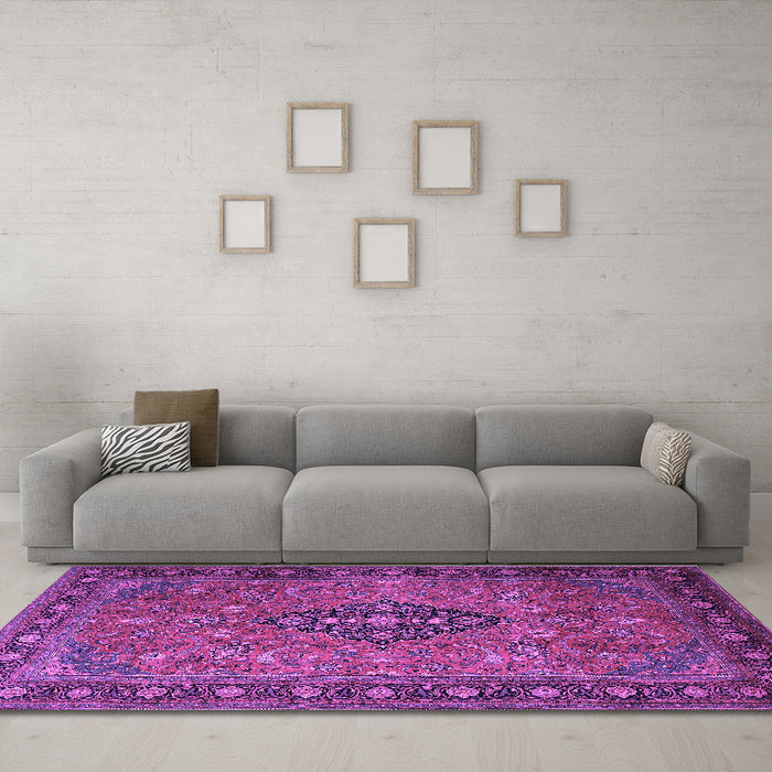 Machine Washable Medallion Purple Traditional Area Rugs in a Living Room, wshtr1879pur