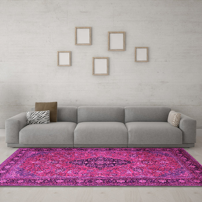 Machine Washable Medallion Pink Traditional Rug in a Living Room, wshtr1879pnk