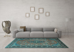 Machine Washable Medallion Light Blue Traditional Rug in a Living Room, wshtr1879lblu
