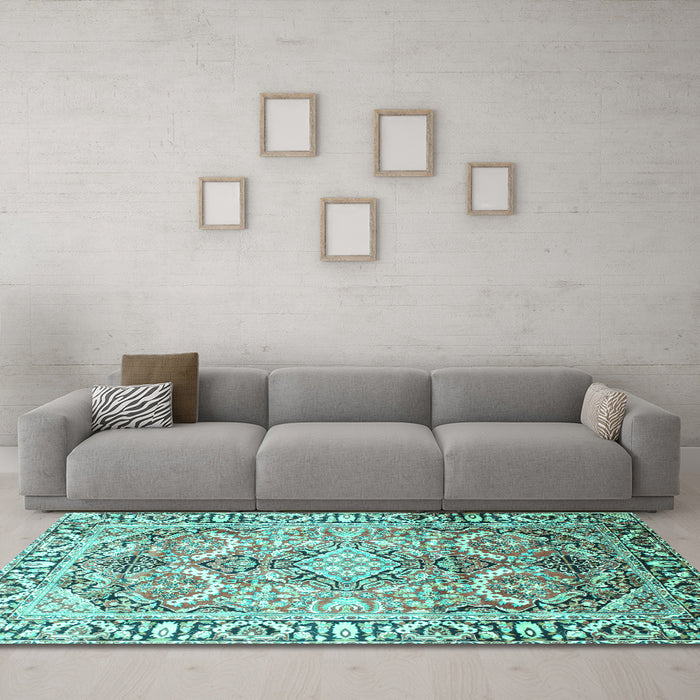Machine Washable Persian Turquoise Traditional Area Rugs in a Living Room,, wshtr187turq
