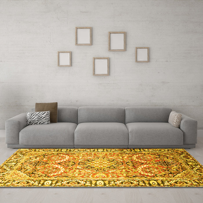 Machine Washable Persian Yellow Traditional Rug in a Living Room, wshtr187yw