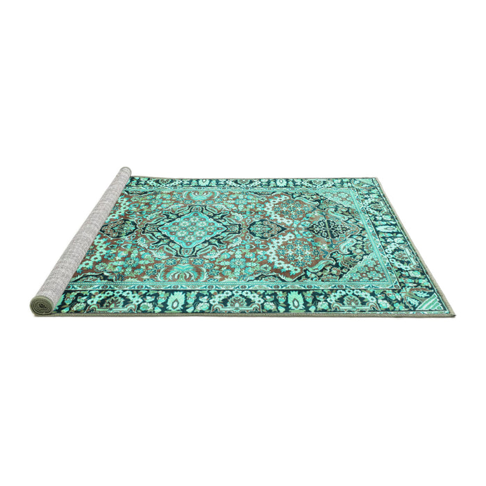 Sideview of Machine Washable Persian Turquoise Traditional Area Rugs, wshtr187turq