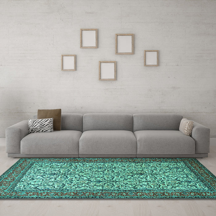 Machine Washable Persian Turquoise Traditional Area Rugs in a Living Room,, wshtr1880turq