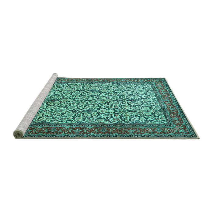 Sideview of Machine Washable Persian Turquoise Traditional Area Rugs, wshtr1880turq