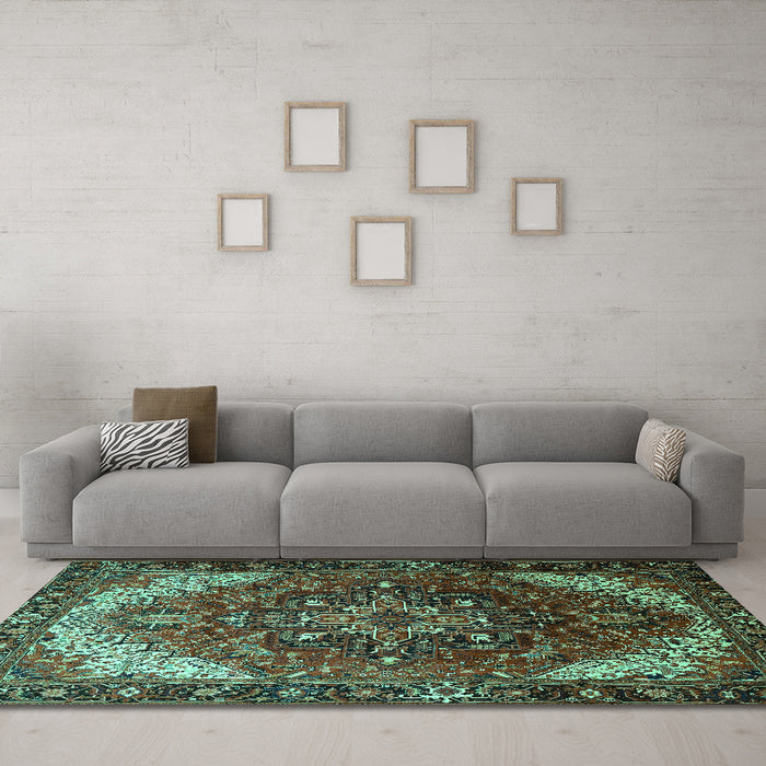 Machine Washable Persian Turquoise Traditional Area Rugs in a Living Room,, wshtr1881turq