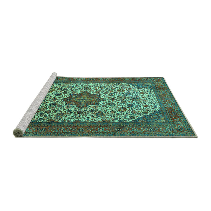 Sideview of Machine Washable Medallion Turquoise Traditional Area Rugs, wshtr1882turq