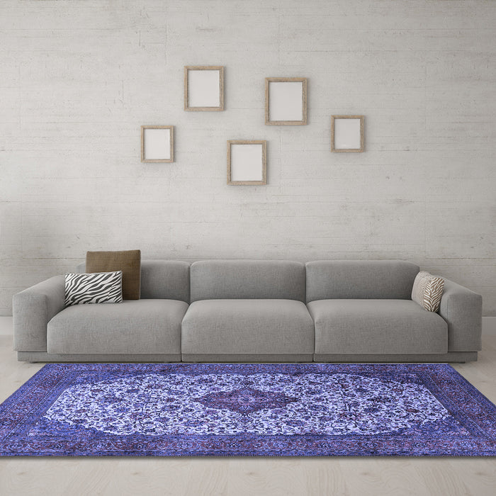 Machine Washable Medallion Blue Traditional Rug in a Living Room, wshtr1882blu