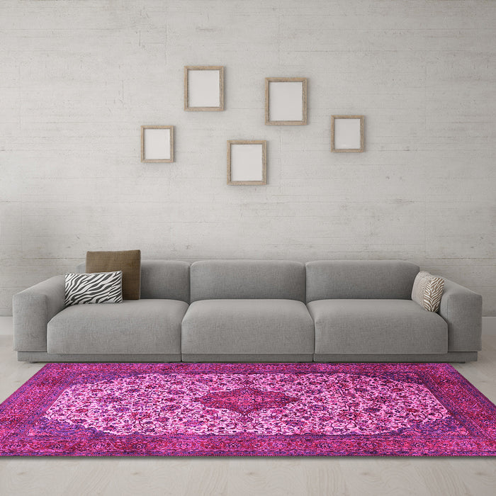Machine Washable Medallion Pink Traditional Rug in a Living Room, wshtr1882pnk
