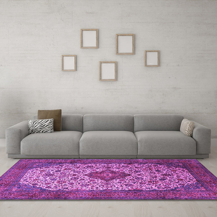 Machine Washable Medallion Purple Traditional Area Rugs in a Living Room, wshtr1882pur