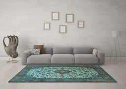 Machine Washable Medallion Light Blue Traditional Rug in a Living Room, wshtr1882lblu