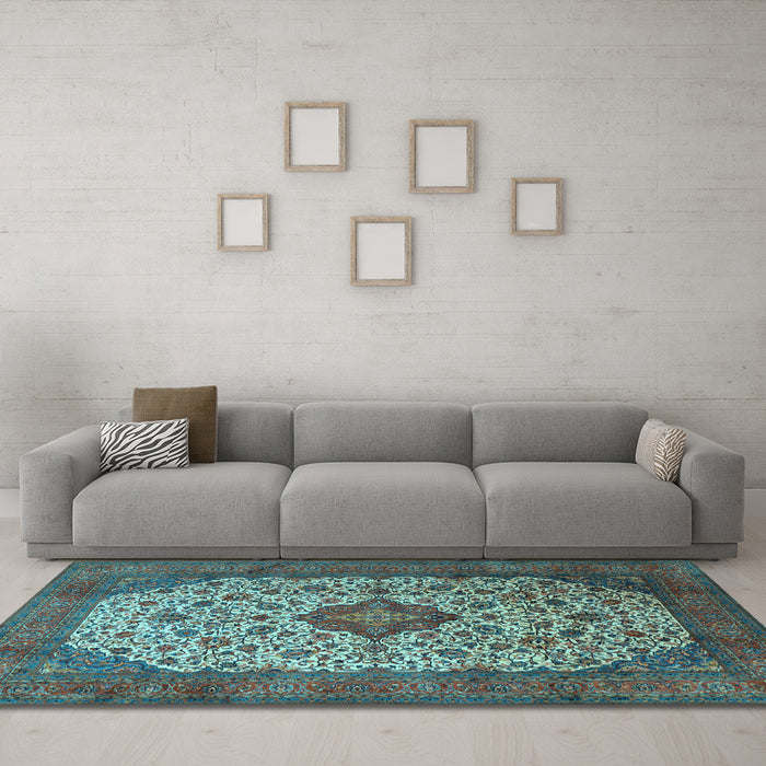 Machine Washable Medallion Light Blue Traditional Rug in a Living Room, wshtr1882lblu