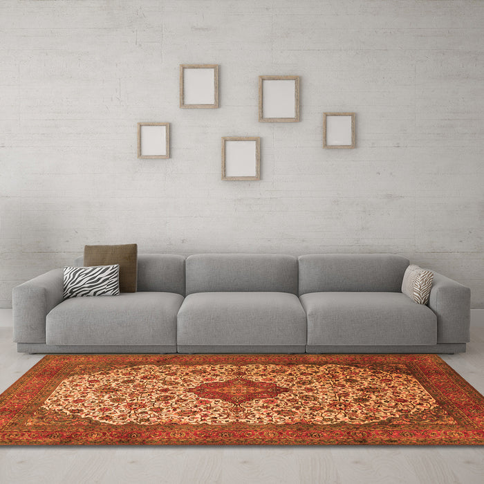 Machine Washable Medallion Orange Traditional Area Rugs in a Living Room, wshtr1882org