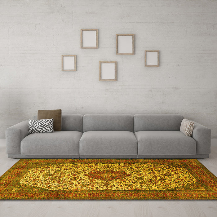 Machine Washable Medallion Yellow Traditional Rug in a Living Room, wshtr1882yw
