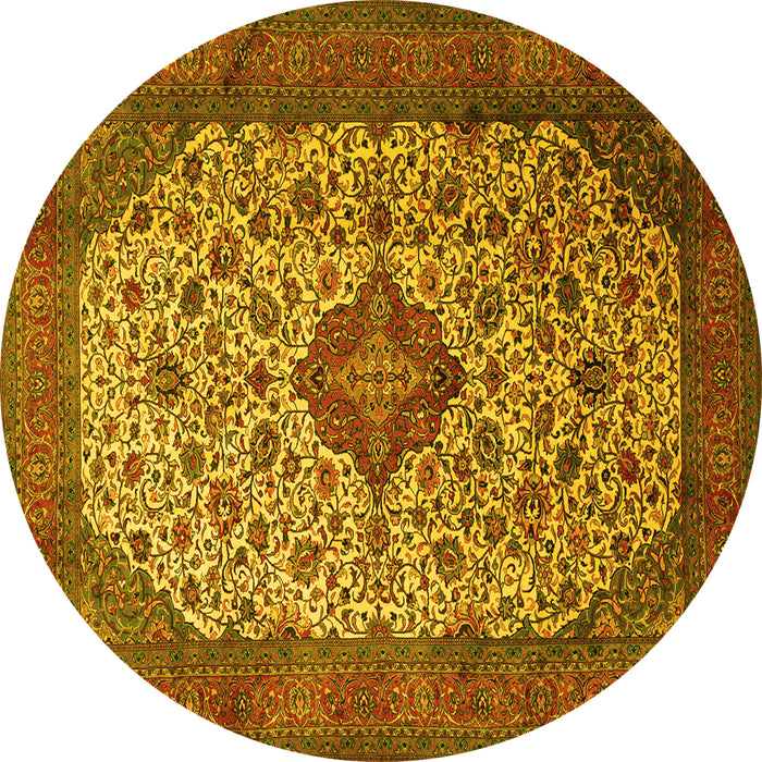 Round Machine Washable Medallion Yellow Traditional Rug, wshtr1882yw