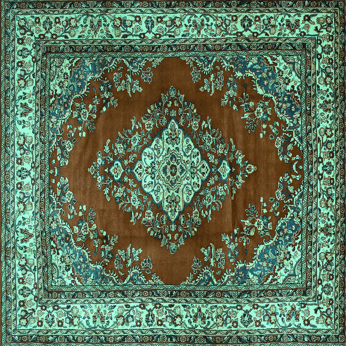 Square Machine Washable Medallion Turquoise Traditional Area Rugs, wshtr1883turq