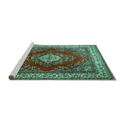 Sideview of Machine Washable Medallion Turquoise Traditional Area Rugs, wshtr1883turq