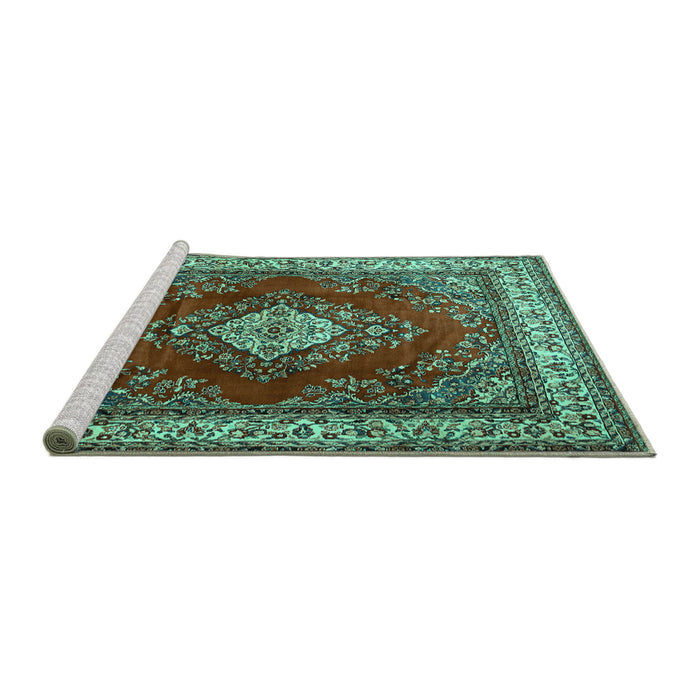 Sideview of Machine Washable Medallion Turquoise Traditional Area Rugs, wshtr1883turq