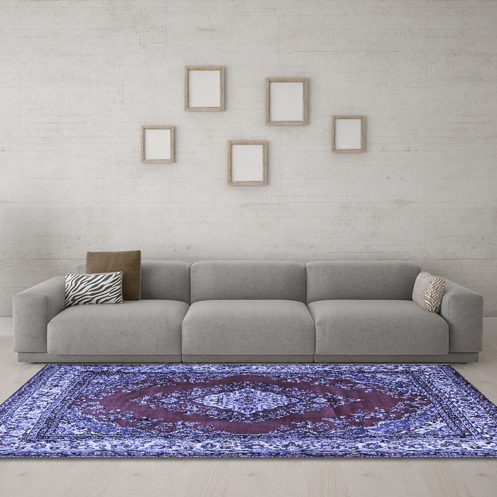 Machine Washable Medallion Blue Traditional Rug in a Living Room, wshtr1883blu