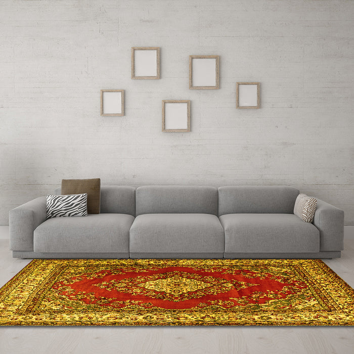 Machine Washable Medallion Yellow Traditional Rug in a Living Room, wshtr1883yw