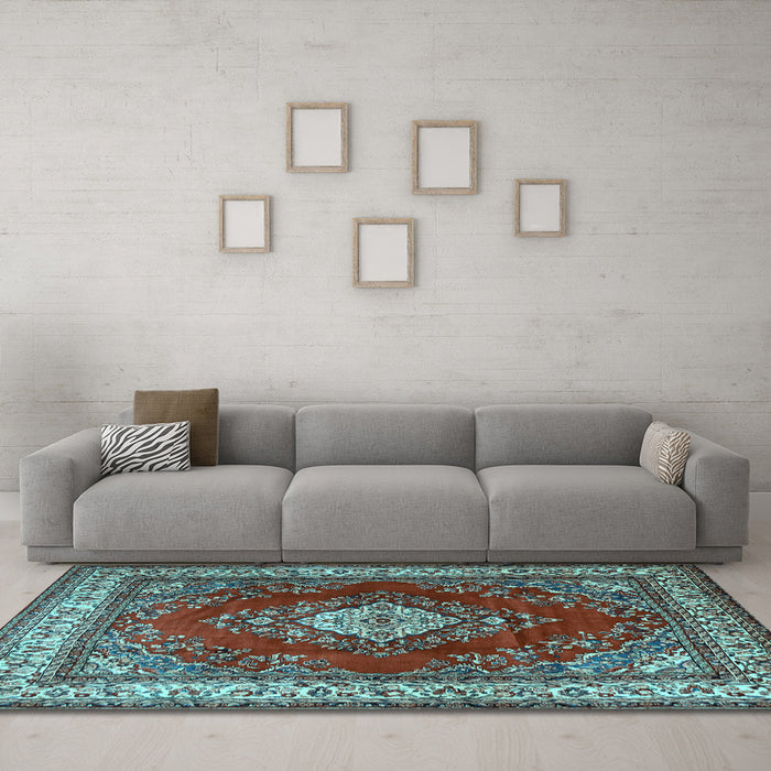 Machine Washable Medallion Light Blue Traditional Rug in a Living Room, wshtr1883lblu