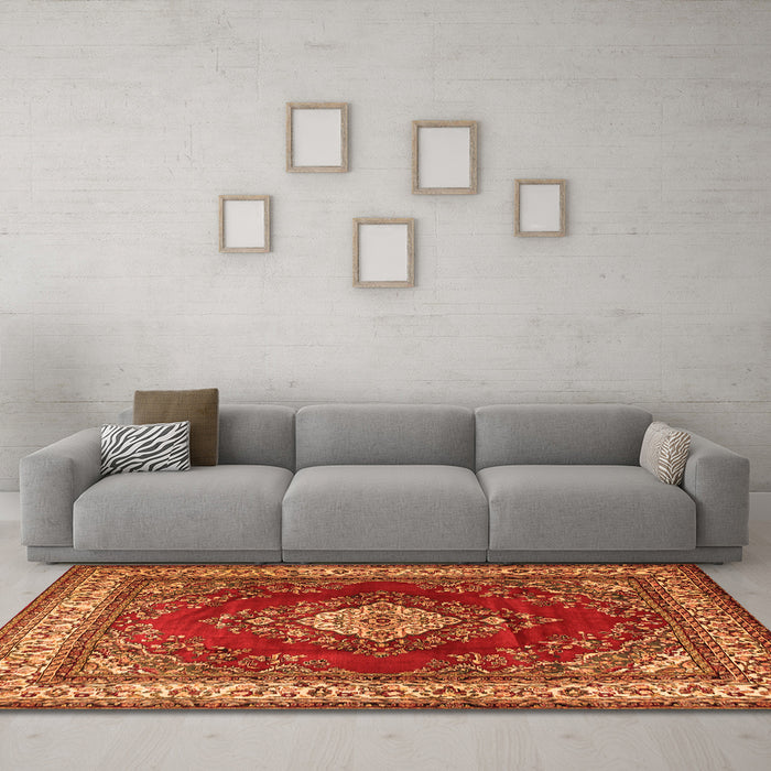 Machine Washable Medallion Orange Traditional Area Rugs in a Living Room, wshtr1883org