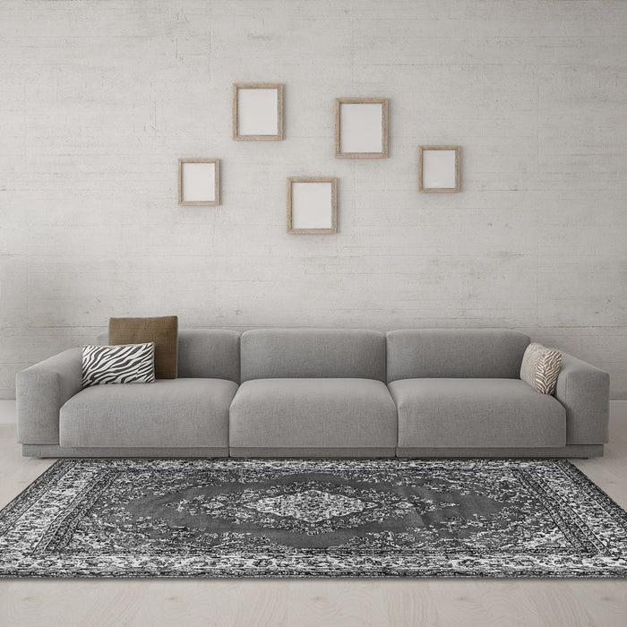 Machine Washable Medallion Gray Traditional Rug in a Living Room,, wshtr1883gry